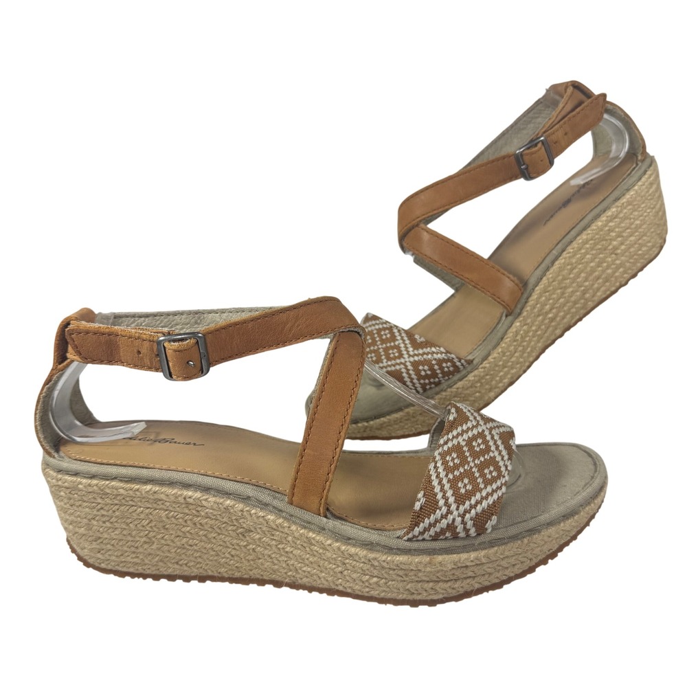 Eddie Bauer Women Wedge Espadrille Sandals Ankle Strap Brown Tan Boho Size 8 New